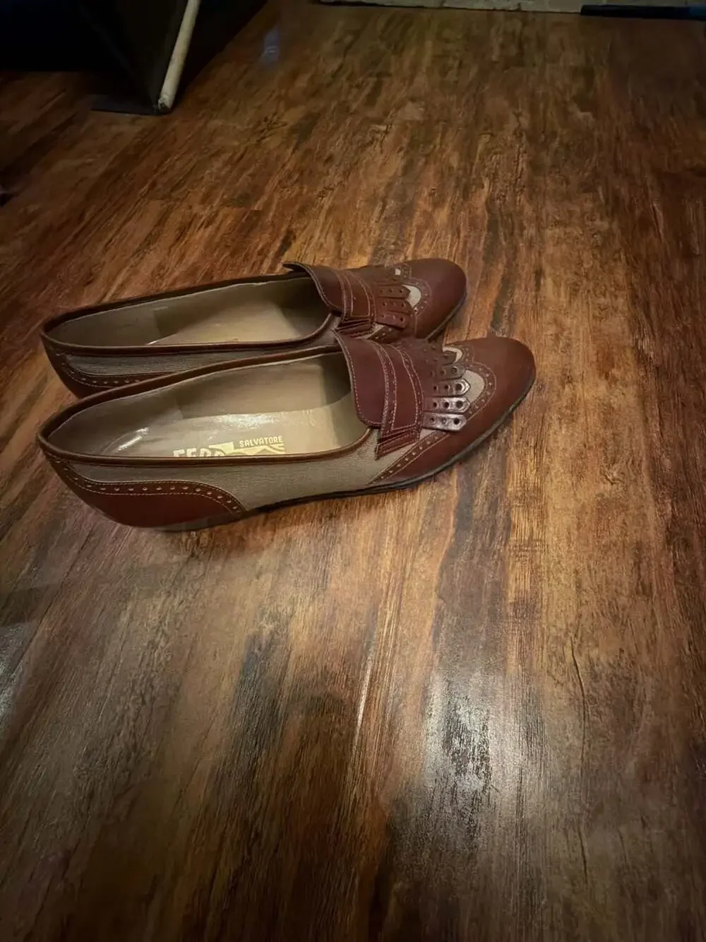 Salvatore Ferragamo Brown Leather and Canvas Kiltie Wingtip Loafers